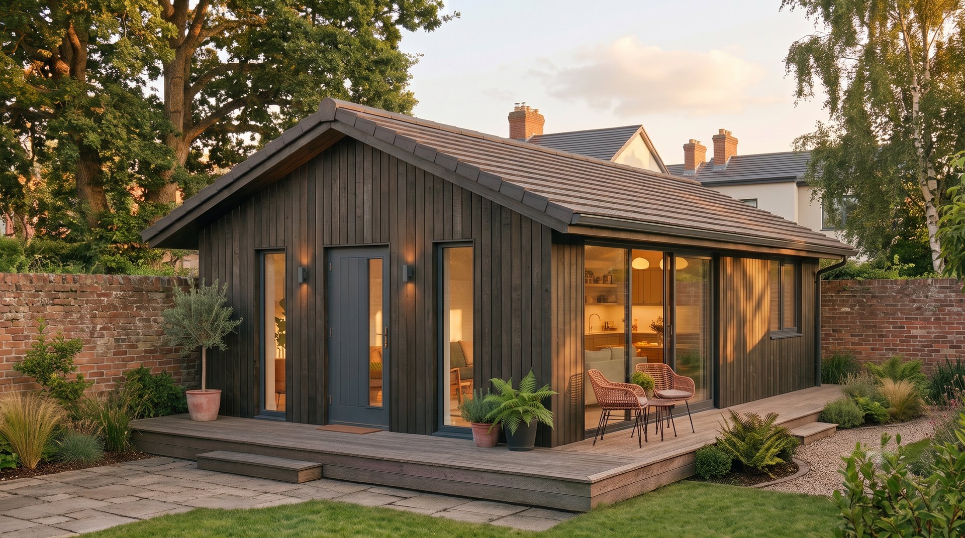 Charred-timber Móro glowing at dusk, seen from the side