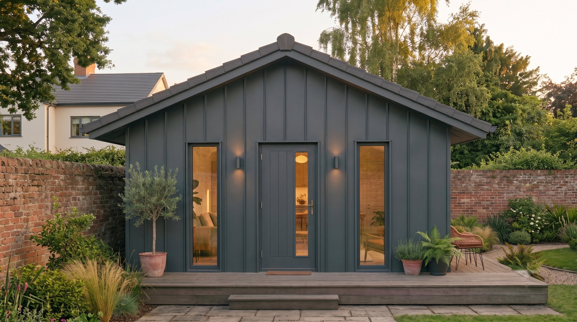 Standing-seam metal Móro, wide garden view