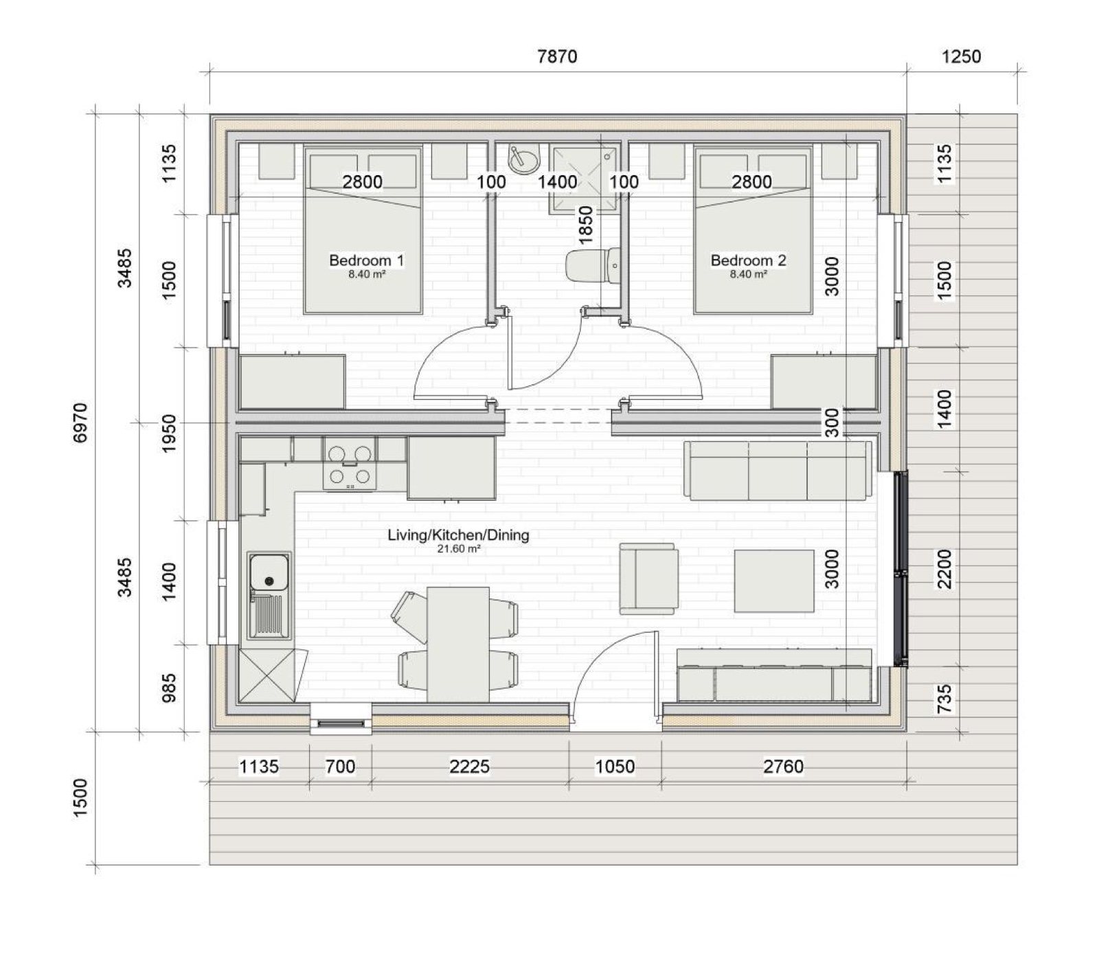 Dimensioned floor plan of the two-bedroom 45 m² Móro
