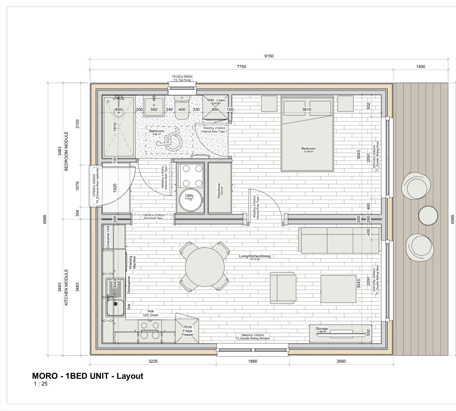 Dimensioned floor plan of the 45 m² Móro: bedroom, bathroom, kitchen and open-plan living