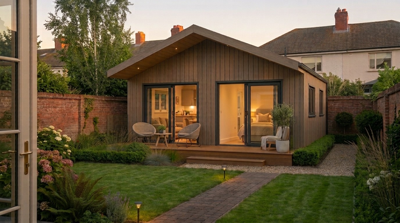 Móro One in timber-effect cladding, a certified one-bedroom home at dusk